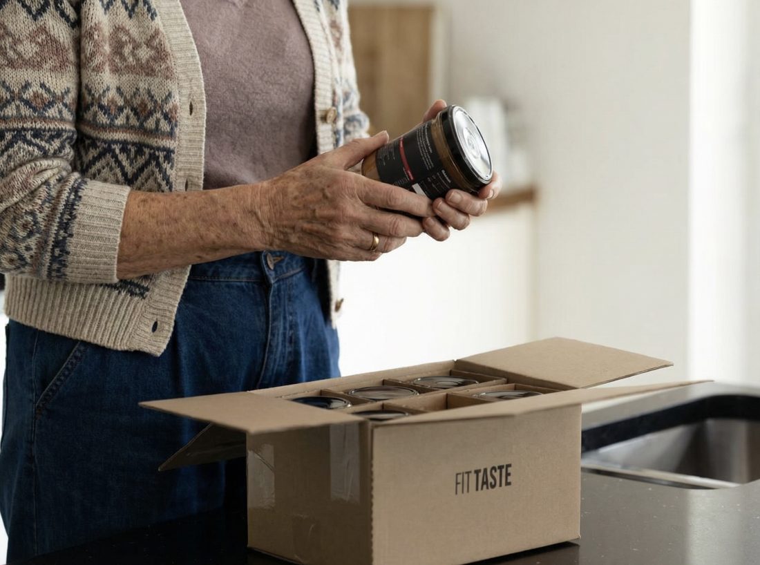 Eine Frau packt eine FITTASTE-Starterbox aus