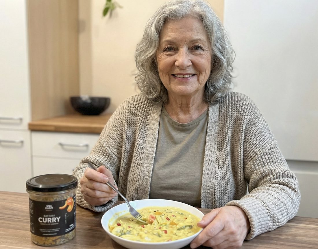 Eine Frau isst ein FITTASTE-Gericht an ihrem Küchentisch